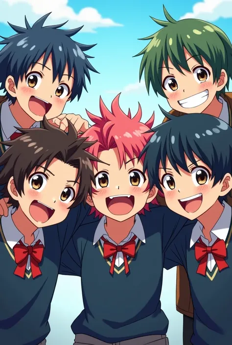 Five anime pervert elementary schol boys, standing, grin, 