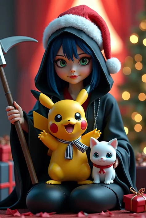 1st figure: pikachu with a red Santa hat on his head, sitting on death, 2nd figure: death in a black cloak with a scythe, holding a long stick with a scythe, 3rd figure: woman with blue hair, blue eyes, light eyes, dressed in sexy latex outfit, cat ears, s...