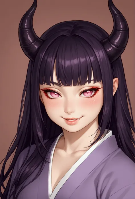 Full quality, HD, 8k, Ultradetailed, beautiful, high detailed,1 girl,, seductive eyes, lips, pervert face, smile, blushing, young girl, girlish, chubby body, horns, demon girl, black purple hair, pink eyes, hands like claws, big boobs, yokai, kimono, sexy ...