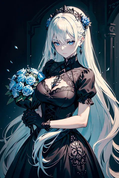 An elegant gothic-style girl with long silver hair and bangs covering her eyes, holding a bouquet of vivid blue roses. She is dressed in an intricate black and white lace outfit with detailed accessories, including black gloves and earrings. The mood is my...