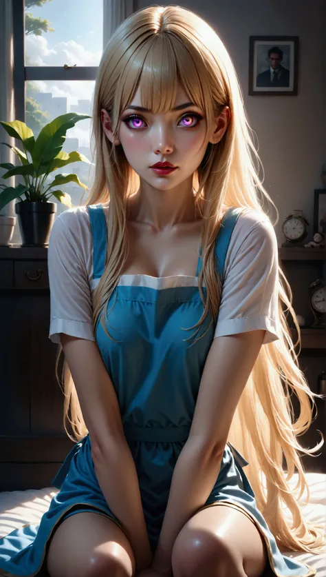 (masterpiece, aesthetic, detailed eyes, realistic), 1girl, mahiru shiina, angel next door spoils me rotten, Long smooth straight golden hair, purple to golden gradient eyes, sitting in a room in nude apron, super detail, best quality, 8k