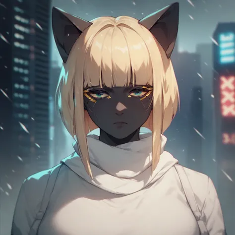 black buff strong woman character, tall woman, black skin, long fringe hair, blonde hair, blonde fringe hair, feline eyes, wearing a cold overcoat, hidden face,, white shirt, white scarf, snowstorm, cyberpunk city, egypt hair,, sad,