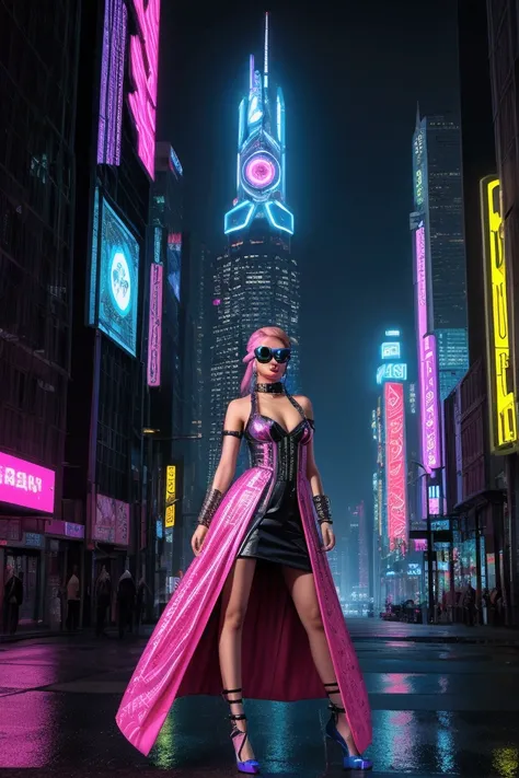 A stunning cyberpunk-inspired fashion illustration of a woman wearing a summer dress. The dress features a bright, eye-catching pattern with shades of pink, blue, and yellow, and is adorned with intricate electronic-looking details. The woman has long, wav...