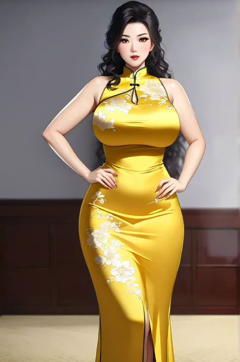 1 40 year old girl,large breasts,shiny skin,fashi-g,mature female,china dress, yellow  dress ,wavy hair,fur trim,black hair, curvy perfect body (masterpiece:1.5),(best quality:1.2),  standing , (full body shot )4k , luxury bed 