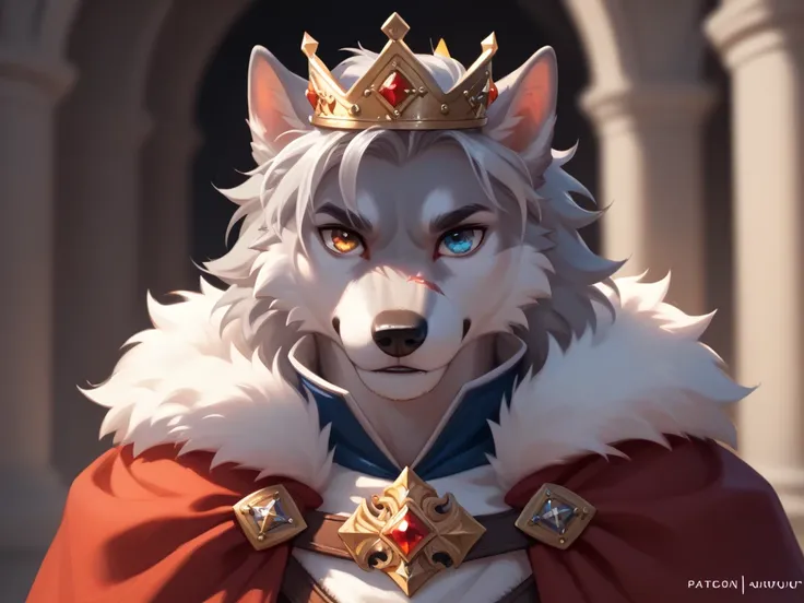 Furry wolf young man medieval crown king or prince clothing cool heterochromia cool silver fur eyes of different colors wound or scar on his eye