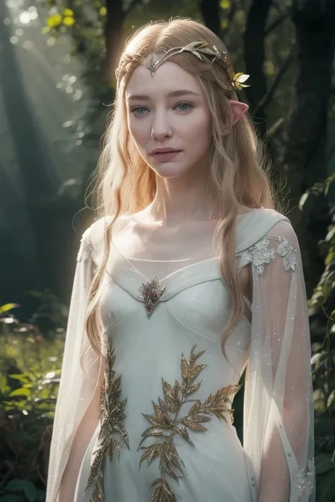  a young Cate Blanchett, shes floating in the night,shes looking at viewer,elegant fantasy elf princess, flowing blonde hair, piercing blue eyes, delicate facial features, ornate elven headdress and jewelry, graceful pose,full body slim, vine and leaf dres...