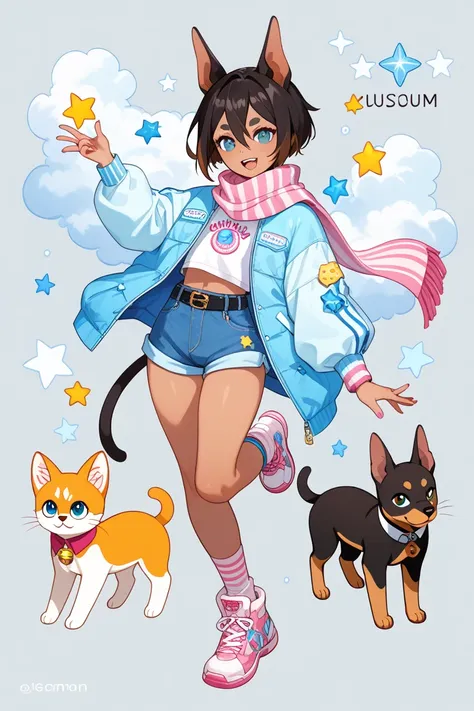 full body, femboy, fully clothed, An illustration, (masterpiece、最high quality、high quality), pure white background, Character design, Character sheet, dobermann ears, dobermann tail, A light, pastel-colored bomber jacket with subtle patterns, such as stars...