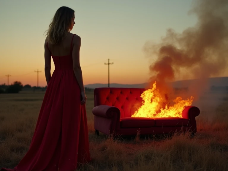 symbolic scene of personal transformation: a woman in a red luxuary dress stands solemnly in an open field at dusk, near a burning sofa that symbolizes the past year. The fire glows brightly, with smoke rising into the sky, representing lessons learned. Th...