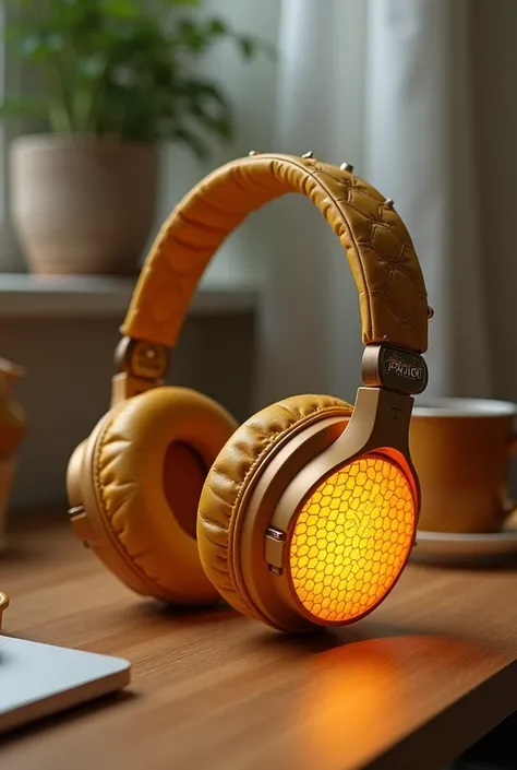 A surreal design of headphones inspired by the intricate beauty of a honeycomb, showcased on a wooden desk in a cozy home office. The ear cups feature delicate hexagonal patterns with a smooth, golden-yellow finish, accented by subtle amber highlights. Ins...