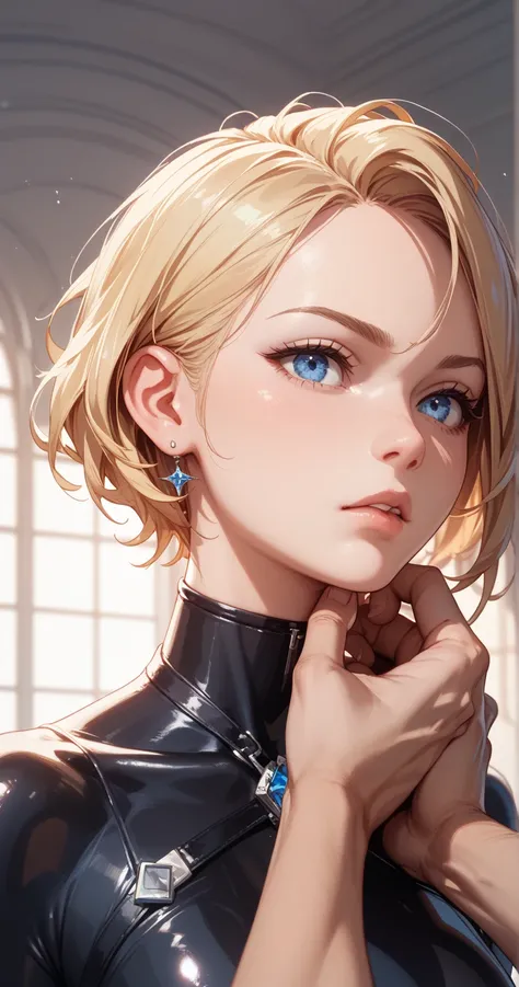  1 girl、 Shorthair、Blonde、Blue Eyes、 black bodysuit、Grab the thread。 is staring、Character portrait