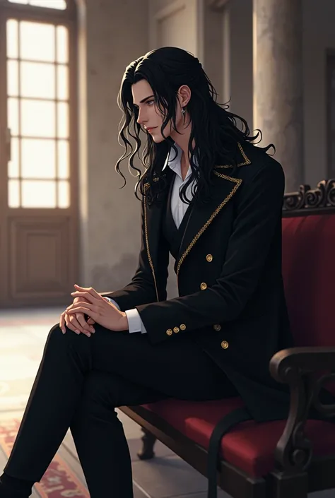 realistic character sitting on a bench in a building, beautiful androgynous prince, ( ( wearing a long coat ) ), delicate androgynous prince, sebastian michaelis, wearing a black noble suit, handsome pose and long black wavy hair 