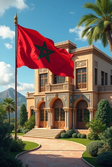 Une grande maison marocaine avec le drapeau 