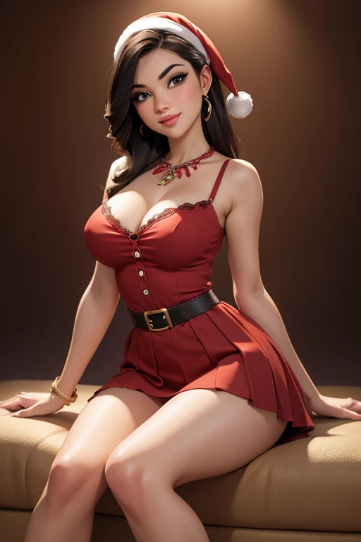 Women, Side pose looking at the camera, smiling, sitting,  Full body image , Christmas situation ,  vibrant colors, cute Christmas theme ,  beautiful and detailed eyes ,  beautiful detailed lips , Extremely detailed eyes and face,  perfect breasts , neckli...