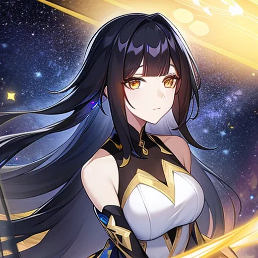 Woman with golden eyes, black long hair, stars pattern, galaxy vibe, star chaser