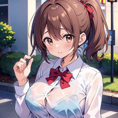 (( top quality )), ((masterpiece)), (  Details), ( super high res)、 beautiful girl、young、solo、
(Brown Hair、 low ponytail)、 very big breasts、
 perfect face、Perfect Hair、超 Detailsな瞳、超 Detailsな肌、
( White collared shirt 、 bow tie、Bras under the shirt )、
 Soaki...