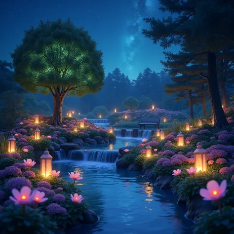 A magical garden with glowing flowers, floating lanterns, and a starlit sky. The garden is surrounded by waterfalls that appear to flow into the stars, with a soft glow emanating from everything. Include a peaceful bench under a glowing tree for a serene t...