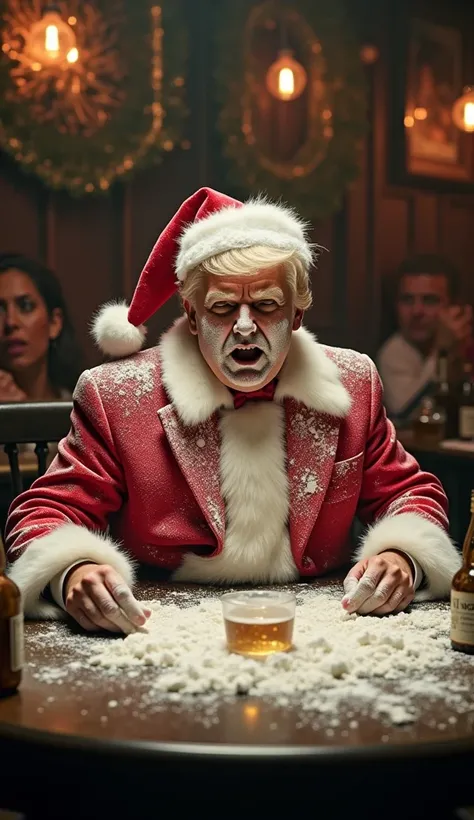 Hyperrealistic Christmas card showing Donald Trump dressed as Santa Claus, sitting drunk, in a Colombian bar, very happy snorting cocaine, with his face covered in white powder, on a table covered in white flour, cocaine and bottles, very drunk. Surrounded...