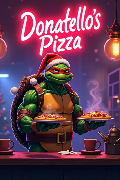 Donatello ninja turtle is wearing Christmas suit and holding a tray of pizza at his left hand and another tray of coffee at his right hand , serving them at cafe , Written DONATELLO’S PIZZA at behind , with deep purple neon background 