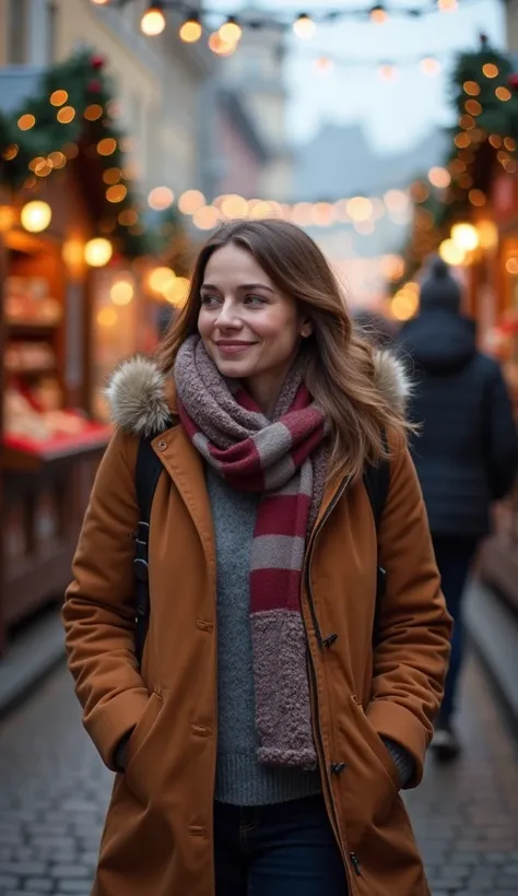 A 35-year-old woman wearing a winter coat and scarf, walking through a festive Christmas market.