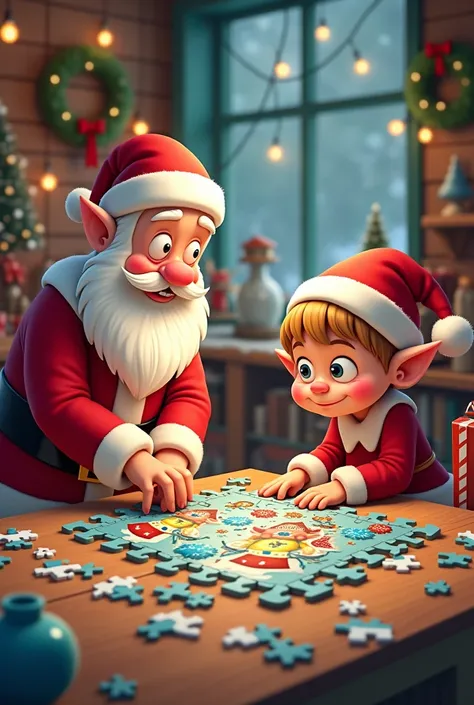 Cartoon of santa playing jigsaw with elf jpg