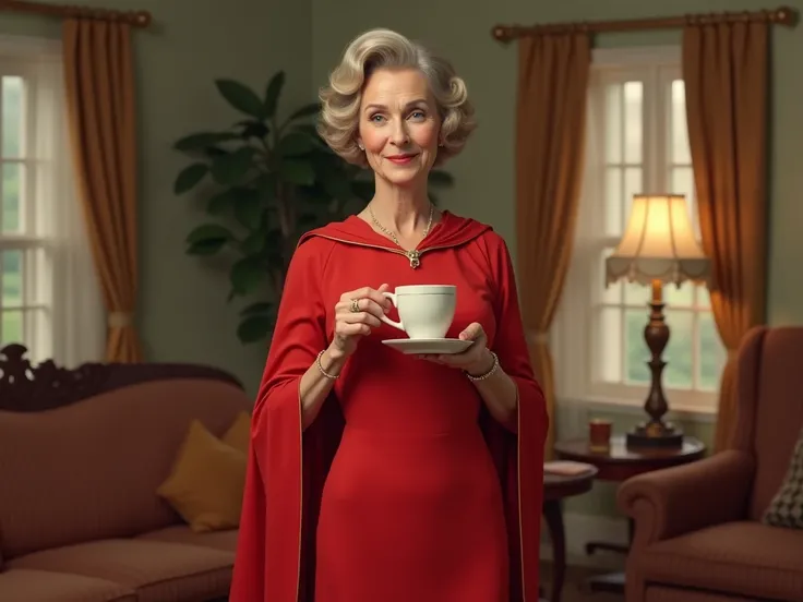 lovely 1960s superwoman red cape dress mother-in-law posing sweetly holding tea cup in classic living room