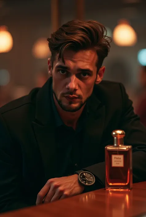 A tired man sitting at a bar, leaning slightly forward with a weary expression. On the table beside him stands a sleek perfume bottle, its design modern and elegant, reflecting the bars dim, moody lighting