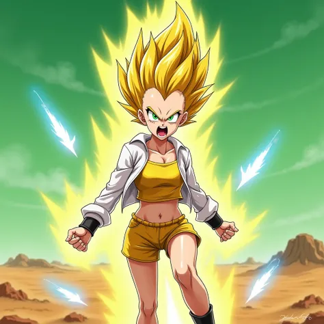 Create a woman with spiky yellow hair and white shirt, tank top and short yellow shorts and green eyes and yellow eyeshadow, and she is screaming with a yellow aura with rays of blue energy surrounding the backdrop of a green desert floor with a green sky....