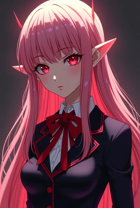 Hourglass Figure, Exorcist, Half Demon, Pointed Ears, Woman, Long Light Pink Hair, Long Light Pink Eyelashes, Crimson Red Eyes, Wearing A School Uniform From Blue Exorcist, No Horns