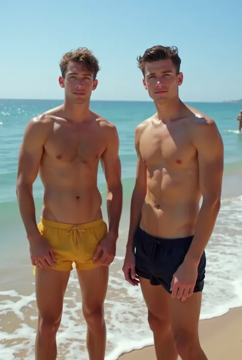 Generate a photo of two young men on the beach completely naked and wet horny without any clothes and you can see their penis


