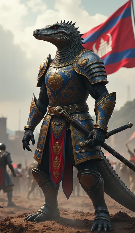 Imagine a large muscular komodo dragon warrior dressed as a human like medieval with metal armor with  blue, red and white colors wielding a katana, war background and combodiaflag