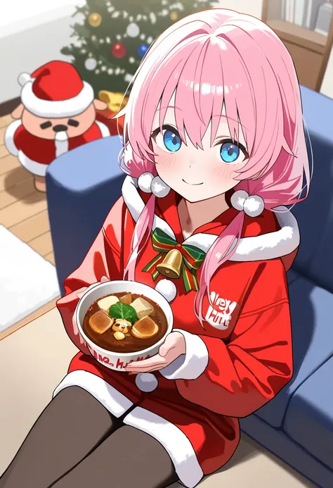 score_9,score_8_up,score_7_up,rating_safety,source_manga,masterpiece,best quality,hyper detailed,super fine illustration,8k,BREAK 1 girl,18yo,santa hut,low twintail,pink hair,blue eyes,smile,(flat chest:0.9),red jacket,bell,idol costume,holding_onion soup,...