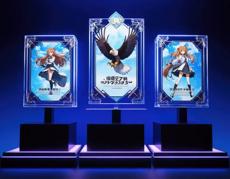 three frames are standing on pedestals in front of a blue background, Universe of girls frontline , Doki Doki Literature club,  First-line girls cg , Fine details. girls frontline,  award-winning anime style ,  art nouveau anime cosmic exhibition , Hologra...