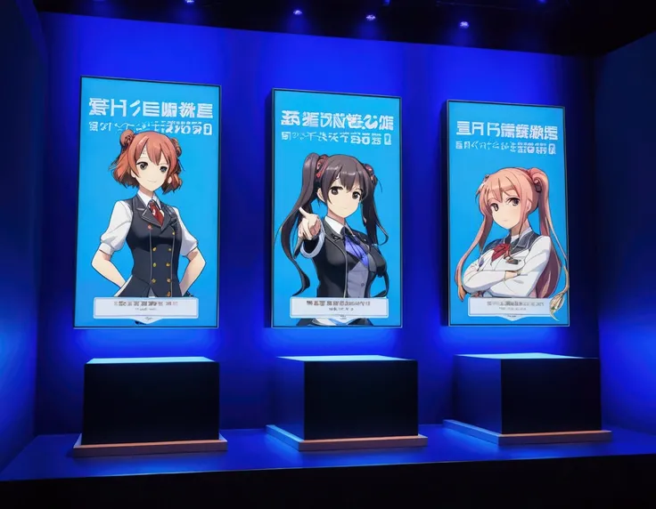 three frames are standing on pedestals in front of a blue background, Universe of girls frontline , Doki Doki Literature club,  First-line girls cg , Fine details. girls frontline,  award-winning anime style ,  art nouveau anime cosmic exhibition , Hologra...