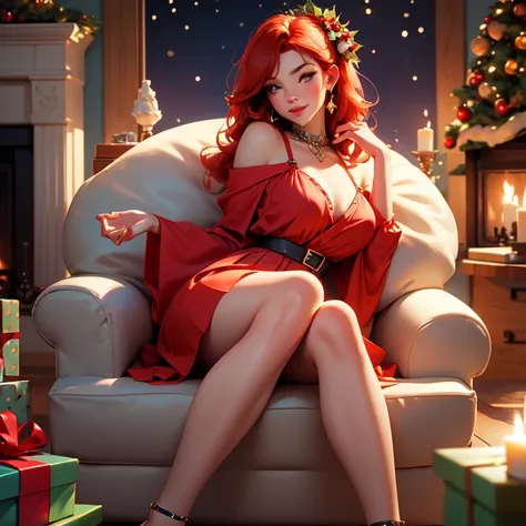 Redhead woman, Side pose looking at the camera, smiling, sitting,  Full body image , Christmas situation ,  vibrant colors, cute Christmas theme ,  beautiful and detailed eyes ,  beautiful detailed lips , Extremely detailed eyes and face,  perfect breasts ...