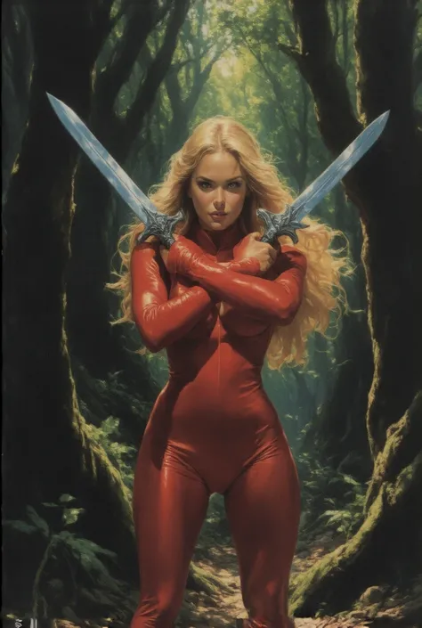 Blond mixed race Woman wearing red jumpsuit holding two swords, crossing them near her chest, in a forest