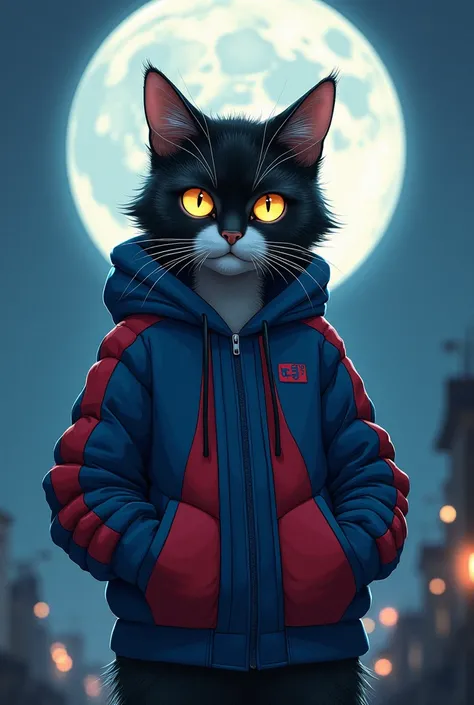 Cat looks straight ahead ,  wears a blue red jacket ,  behind his back you can see the full Moon,  anime manga design style 