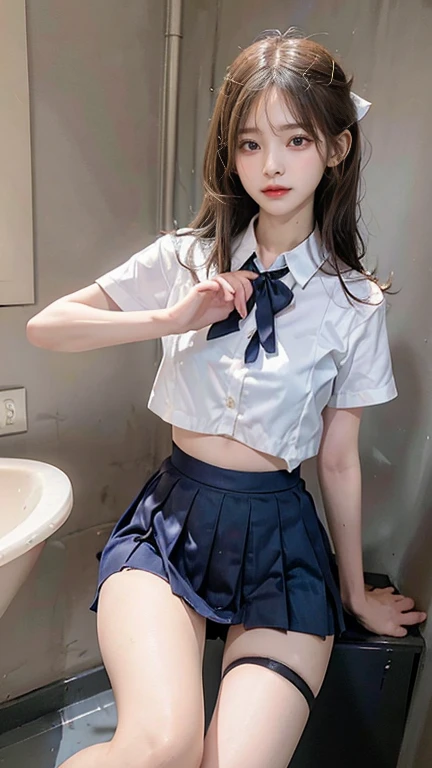 jk shirt  ，School Uniform，Low Waist Pair Pleated Skirt，Open belly button, Open belly,  In the bathroom ，No windows，Squat，Pull down the skirt，Low Waist Pair Pleated Skirt，Not wearing underwear， No Panties ， without underwear，Split thighs，Anatomy of the thig...