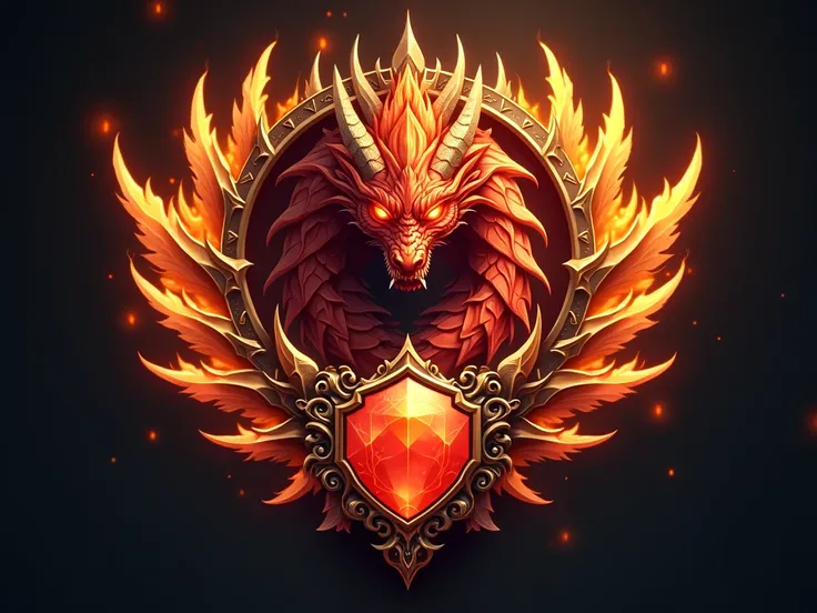 Design a bold and intricate game badge featuring a fierce, flame-wreathed dragon at its center. The dragon is depicted with sharp features, glowing red scales, and intense eyes that exude power and ferocity. Its head is surrounded by dynamic flames in shad...