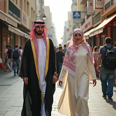 "Visualize a bustling street in Dubai, alive with energy and culture. In this dynamic setting, a man wearing casual Western attire undergoes a striking transformation, his clothes morphing into the traditional thobe and keffiyeh, symbolizing his connection...