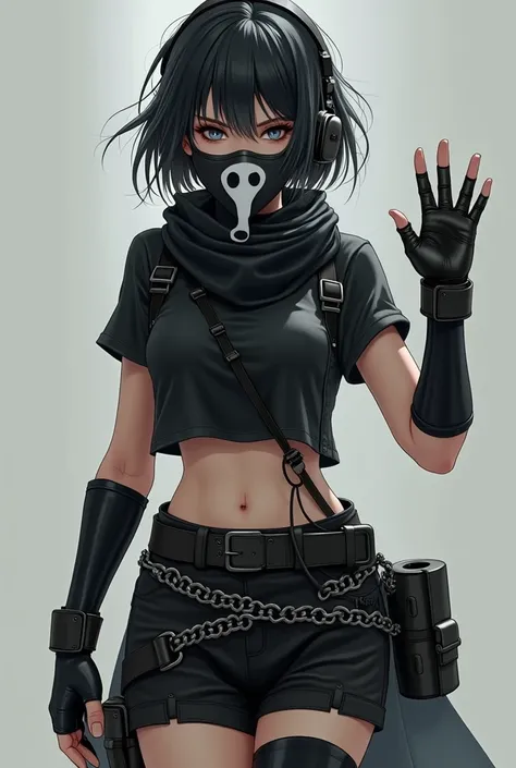  white-leather girl ,  with hair in a short mane ,  that was black with white highlights , with straight bangs, Black combat gloves , with military headphones  , a ghost zombie mask ,  with a black military scarf ,  with a black short sleeve top ,  a black...