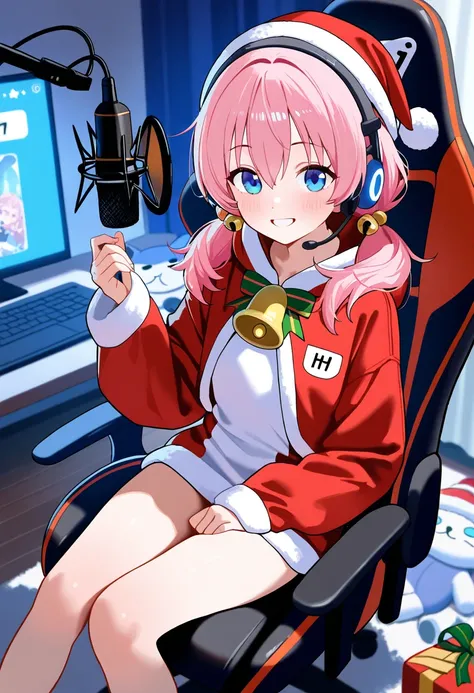 score_9,score_8_up,score_7_up,rating_safety,source_manga,masterpiece,best quality,hyper detailed,super fine illustration,8k,BREAK 1 girl,18yo,santa hut,headset,low twintail,pink hair,blue eyes,smile,(flat chest:0.9),red jacket,bell,idol costume,holding_mic...