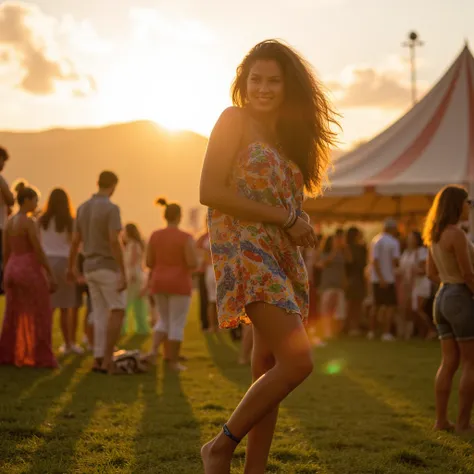  Under the golden sun of a tropical festival ,  she appears with a relaxed vibe .  A short dress with vibrant prints and accessories that recall her Brazilian heritage highlight her unique style. barefoot in the grass ,  she interacts with the crowd while ...