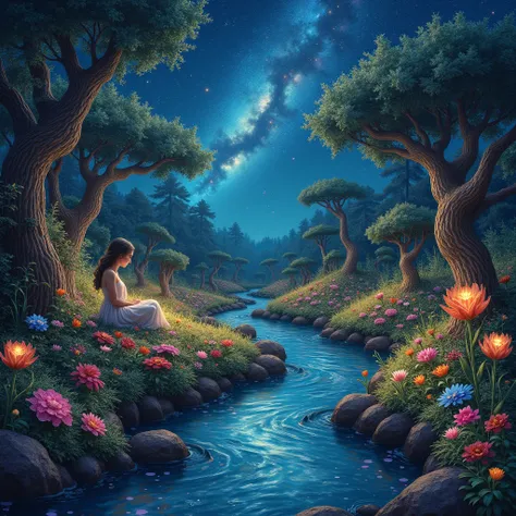 A dreamlike garden set in space, where the flowers and plants are made of stars and galaxies. A gentle starlit stream flows through the garden, and an ethereal figure sits by the water, reflecting on the infinite beauty of the universe.