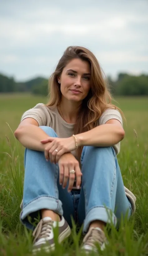 A 38-year-old woman in casual clothes, sitting on the grass in a serene countryside setting.