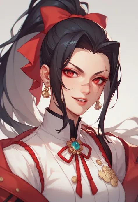 A 17-year-old girl , of 157 . 8 centimeters high ,  with long black hair tied in a high ponytail with a crimson ribbon that matches her hakama.  Her crimson red eyes stand out intensely ,  and a scar crosses her face ,  giving her a decisive and severe loo...