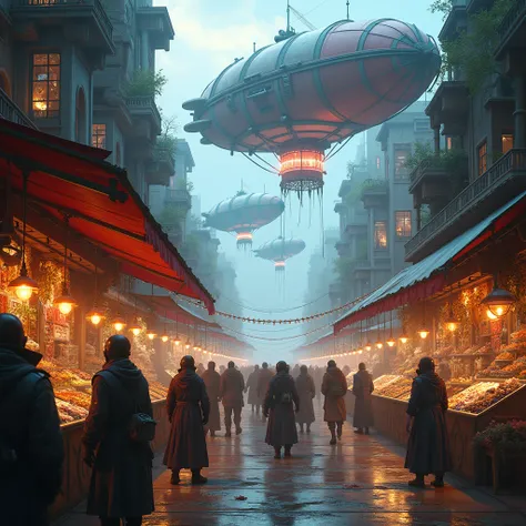 A bustling marketplace floating in the air, with stalls hanging from airships and glowing platforms. Vendors sell exotic goods, and colorful lights illuminate the scene. Add a diverse crowd of futuristic shoppers and merchants for extra detail.