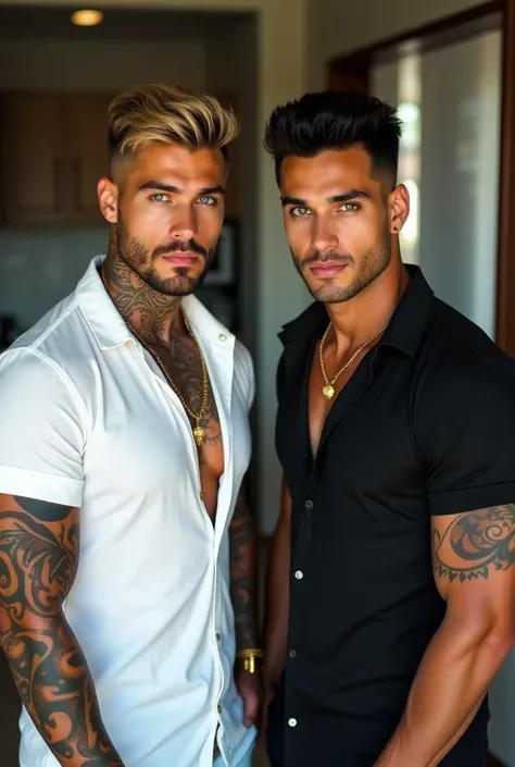  attractive muscular and tattooed man with Columbian facial features and short light golden chocolate-colored hair, tanned skin white shirt .,  big clear blue eyes , with golden accessories ,   black shirt stands with his brother black hair and light green...