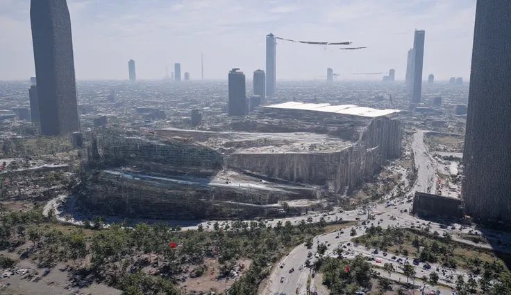 Daily real picture en hd, full of details, a massive futuristic colosseum in the center of a futuristic city, with glass and metal structures, surrounded by towering skyscrapers and flying vehicles crossing the sky, cinematic lighting, dramatic composition...