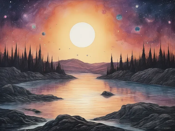 "A celestial river flowing through a cosmic landscape, with the constellations of Cancer, Scorpio, and Pisces glowing brightly. The river sparkles with energy, representing empathy and intuition."

