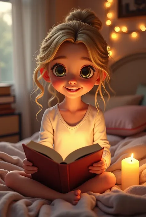 

 “A lively young character with big expressive eyes and a charming smile, sitting on a cozy bed .  Her blond and wavy hair is tied casually ,  with loose locks .  She wears a white long sleeve shirt and holds an open book ,  illuminated by the soft light...